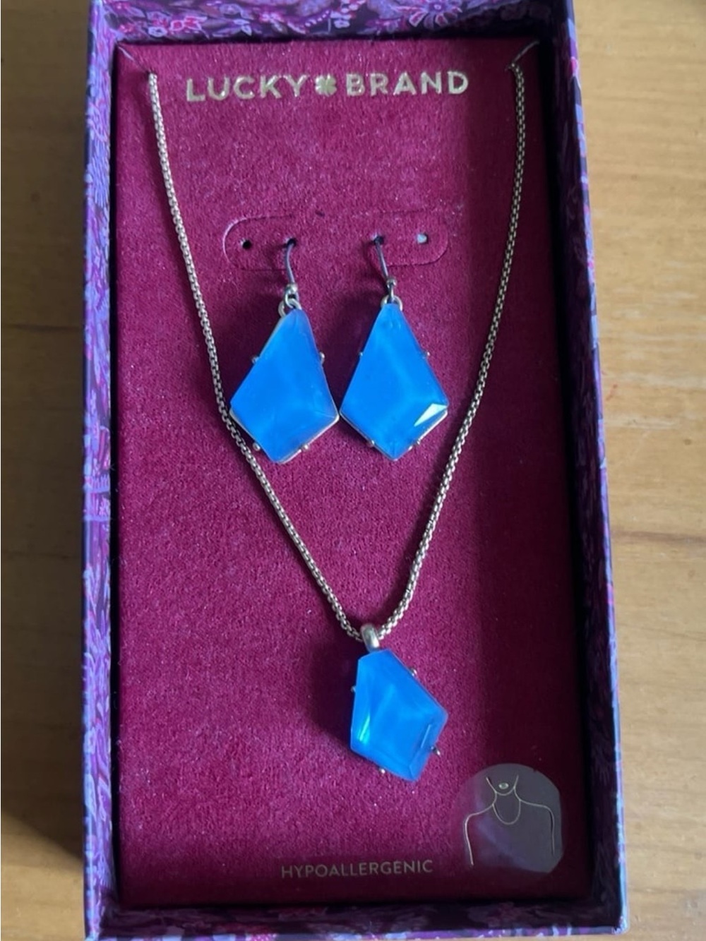Lucky Brand Bright Blue Geometric Pendant Necklace and Earrings Set